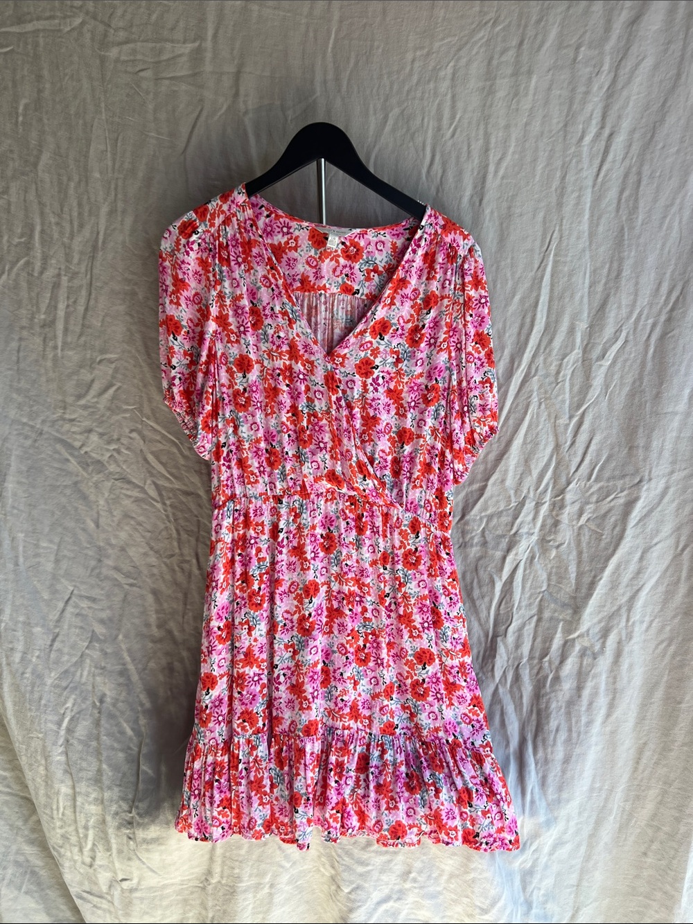Lucky Brand Floral Mini Dress Size Large Pink Red Puff Sleeve Boho Pockets